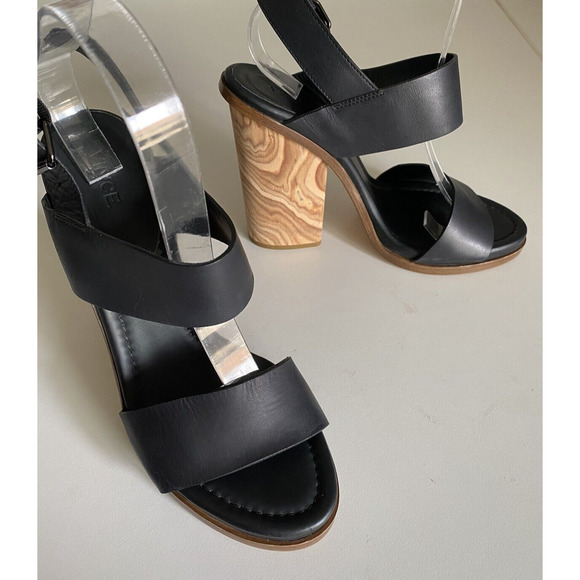 Vince Haley Sandal Black Leather Open Toe Two Strap Ankle Buckle Wood He… - Picture 7 of 11